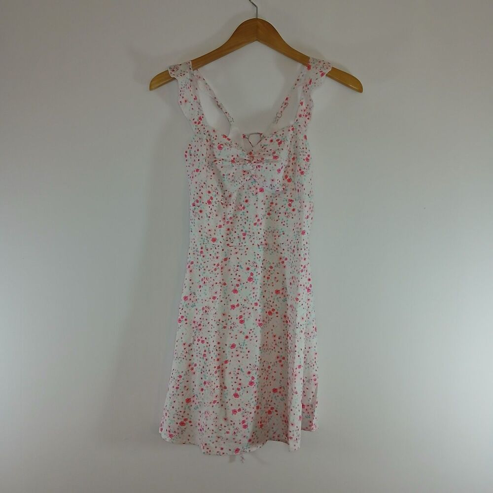 White Pink Floral Summer Dress Criss Cross Tie Back Small Ruffle - Picture 1 of 9